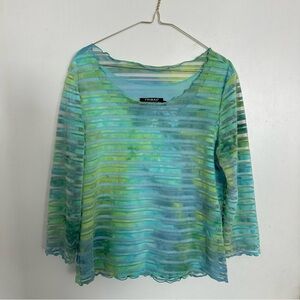 Tribal Blue and Green Sheer Blouse with Ribbed Style and Three-Quarter Sleeves